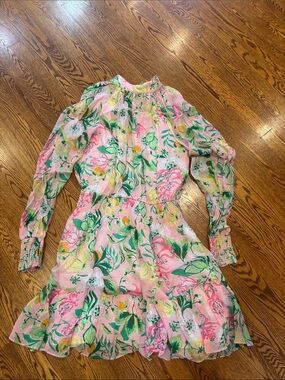 Lilly Pulitzer Hot Pink, Green & Yellow Floral Tie Neck Dress